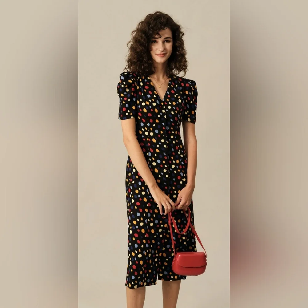 Rihoas Polka Dot Midi Dress Slim Tie Back XL Button Front Fit Flare Black S/S - Picture 1 of 11